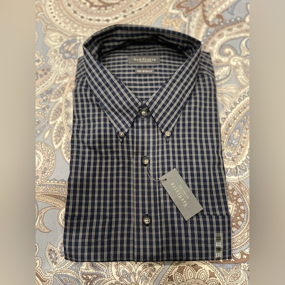 NWT Men’s VAN HEUSEN Blue/Tan Plaid Long Sleeve  Dress Shirt (XXL 18-18 1/2) - Picture 1 of 3